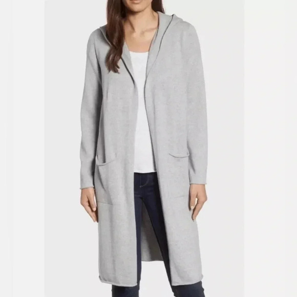 EILEEN FISHER Organic Cotton Cardigan Duster Hoodie Open Front Gray Sweater Sz L - Picture 1 of 10